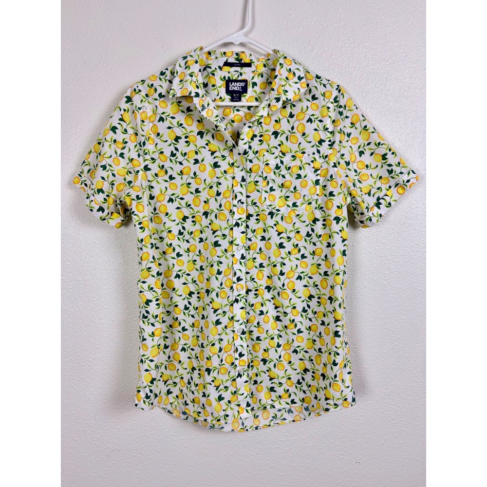 Lands End Womens Top Small Tall Lemon Print 100% Cotton Short Sleeve Button Down